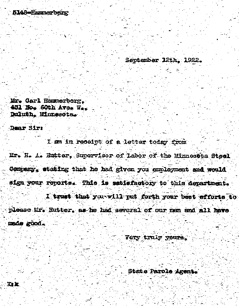 Carl John Alfred Hammerberg. Case No. 5148. Letter from D. H. Knickerbacker to Carl John Alfred Hammerberg, September 12, 1922.