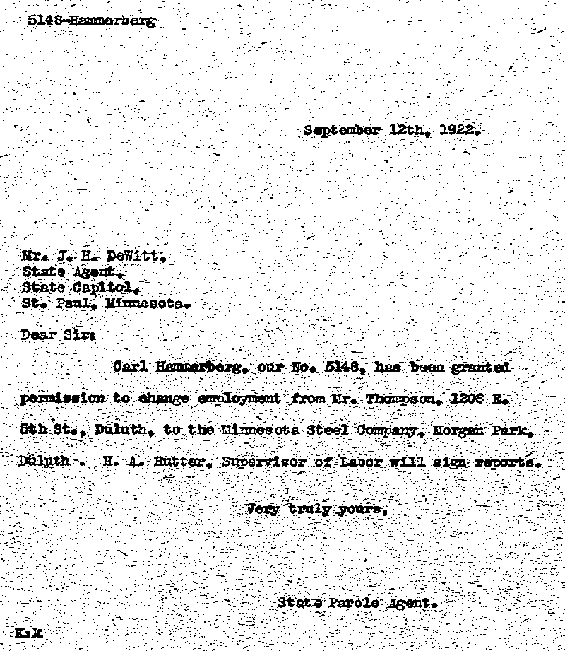 Carl John Alfred Hammerberg. Case No. 5148. Letter from D. H. Knickerbacker to J. H. DeWitt, September 12, 1922.