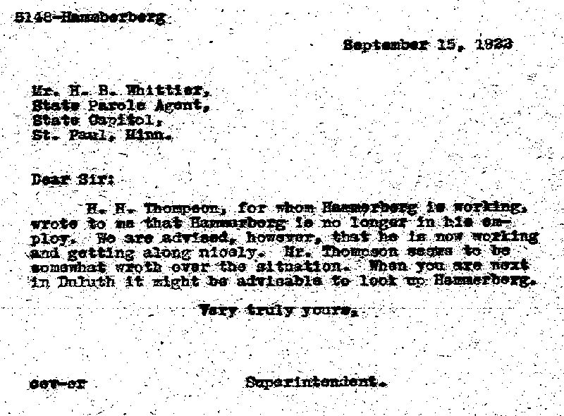 Carl John Alfred Hammerberg. Case No. 5148. Letter from Charles E. Vasaly to H. B. Whittier, September 15, 1922.