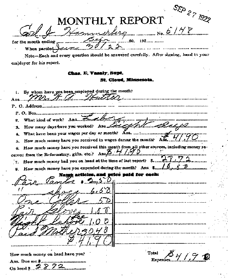 Carl John Alfred Hammerberg. Case No. 5148. Monthly Parole Report. September 20, 1922. --Gov&#039;t Record(s)--Monthly Parole Report (gif)