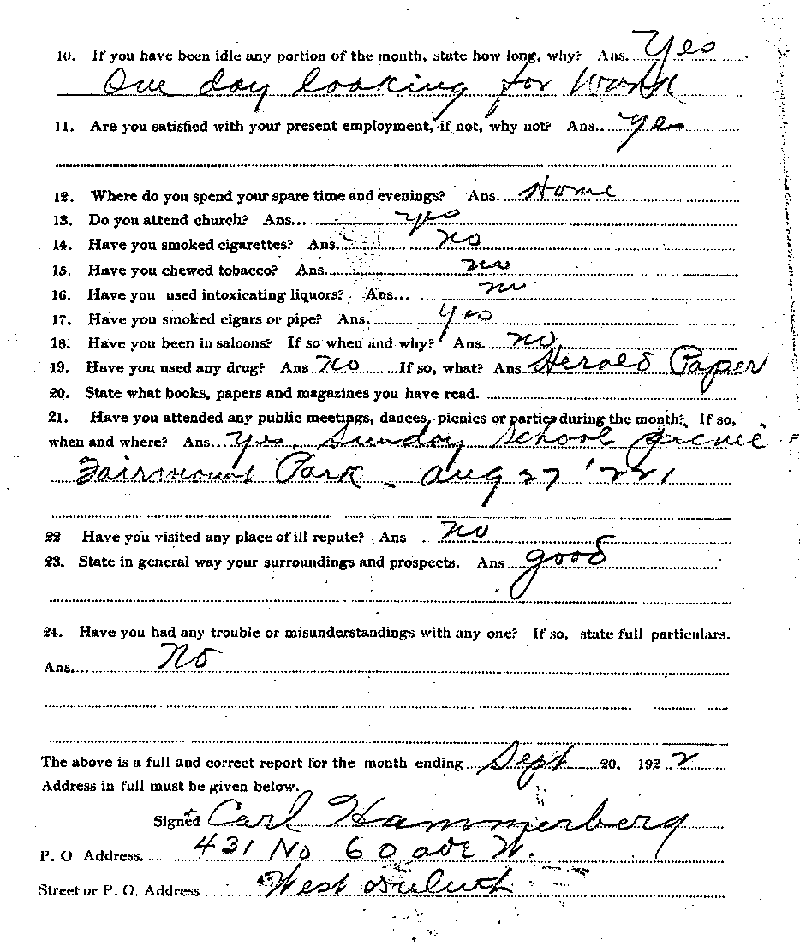 Carl John Alfred Hammerberg. Case No. 5148. Monthly Parole Report. September 20, 1922. --Gov&#039;t Record(s)--Monthly Parole Report (gif)
