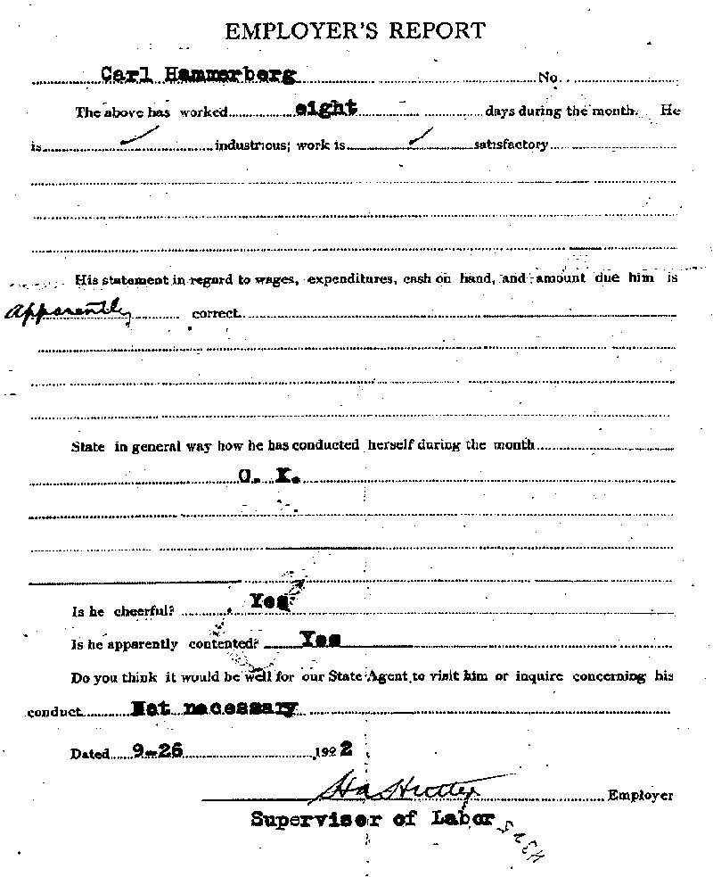 Carl John Alfred Hammerberg. Case No. 5148. Employer&#039;s Report, September 26, 1922.--Gov&#039;t Record(s)--Employer&#039;s Report (gif)