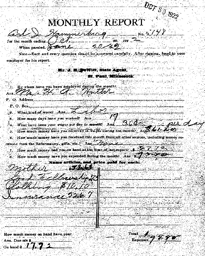Carl John Alfred Hammerberg. Case No. 5148. Monthly Parole Report. October 20, 1922. --Gov&#039;t Record(s)--Monthly Parole Report (gif)