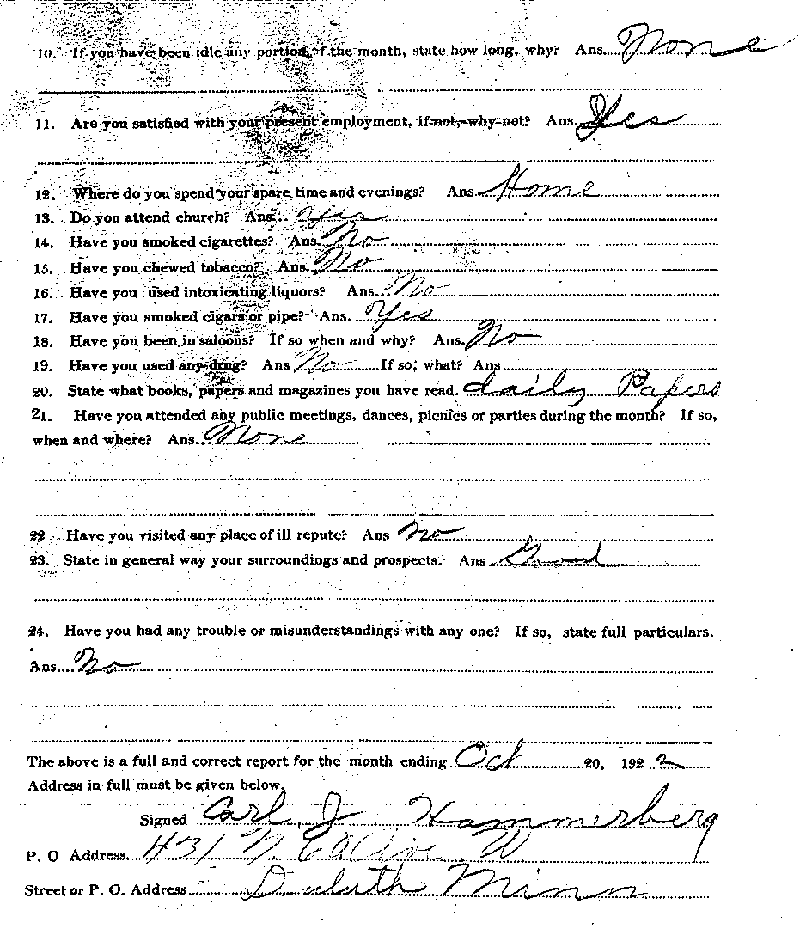 Carl John Alfred Hammerberg. Case No. 5148. Monthly Parole Report. October 20, 1922. --Gov&#039;t Record(s)--Monthly Parole Report (gif)