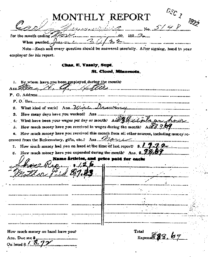 Carl John Alfred Hammerberg. Case No. 5148. Monthly Parole Report. November 20, 1922. --Gov&#039;t Record(s)--Monthly Parole Report (gif)
