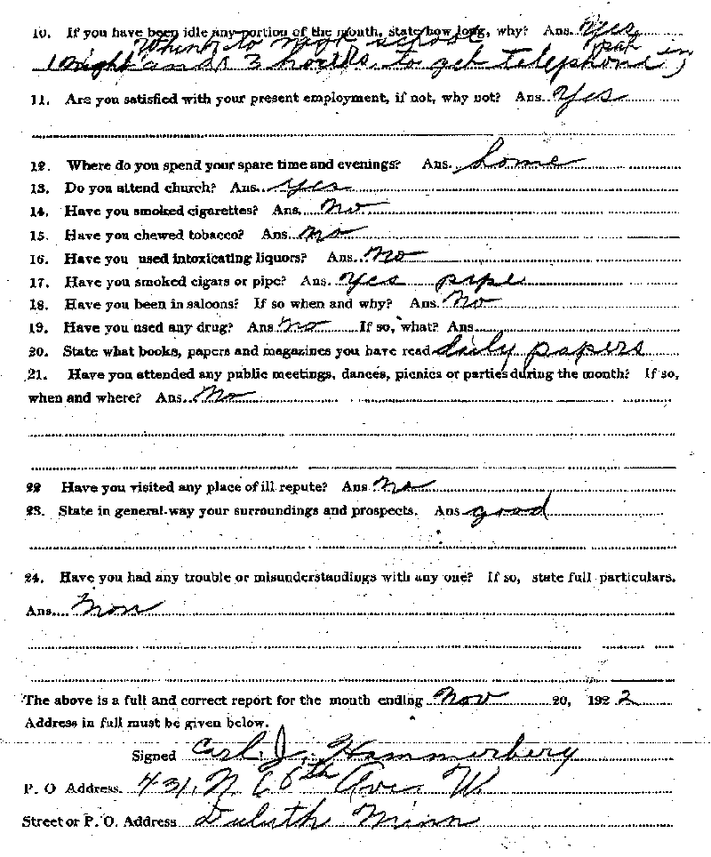 Carl John Alfred Hammerberg. Case No. 5148. Monthly Parole Report. November 20, 1922. --Gov&#039;t Record(s)--Monthly Parole Report (gif)