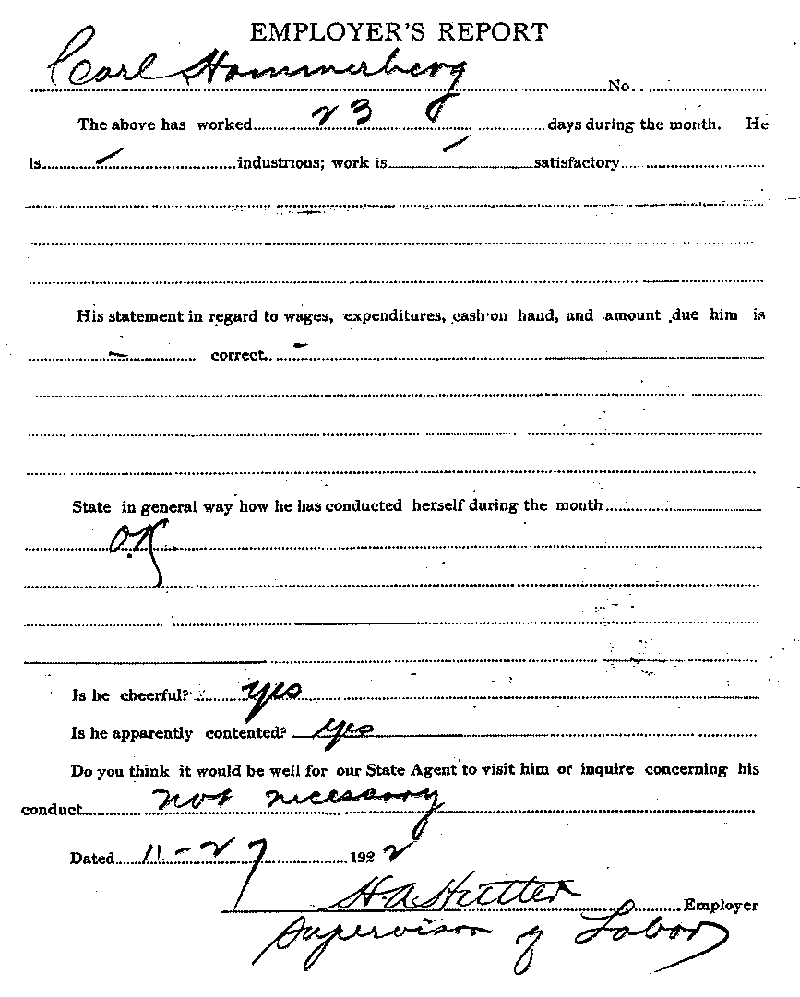 Carl John Alfred Hammerberg. Case No. 5148. Employer&#039;s Report, November 27, 1922.--Gov&#039;t Record(s)--Employer&#039;s Report (gif)