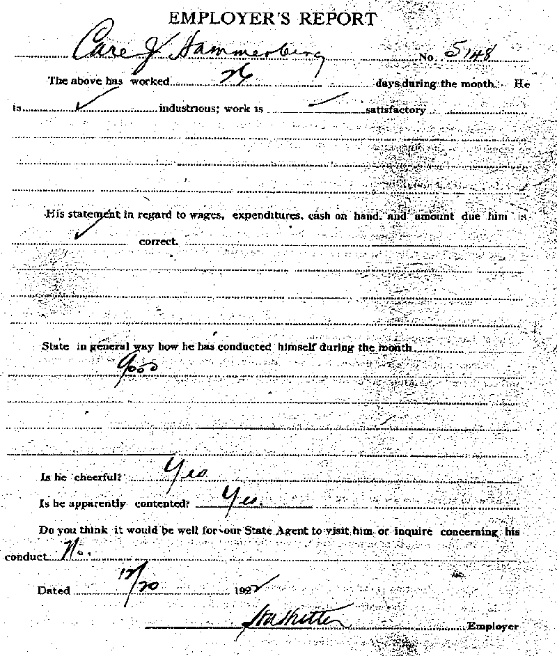 Carl John Alfred Hammerberg. Case No. 5148. Employer&#039;s Report, December 20, 1922.--Gov&#039;t Record(s)--Employer&#039;s Report (gif)