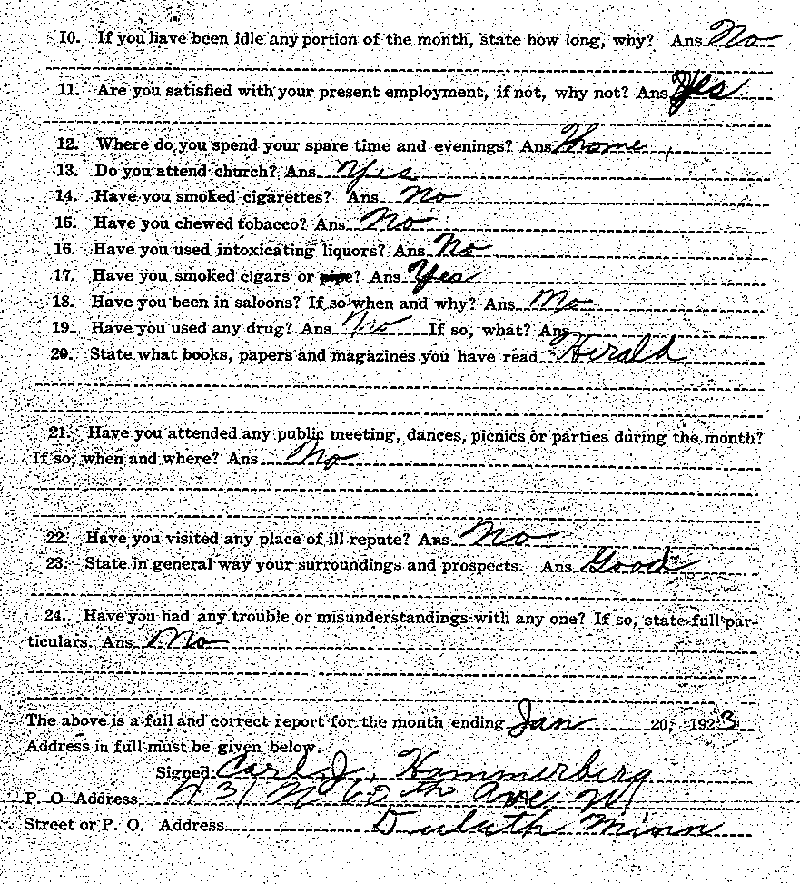 Carl John Alfred Hammerberg. Case No. 5148. Monthly Parole Report. January 20, 1923. --Gov&#039;t Record(s)--Monthly Parole Report (gif)