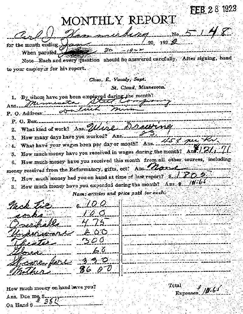 Carl John Alfred Hammerberg. Case No. 5148. Monthly Parole Report. February 20, 1923. --Gov&#039;t Record(s)--Monthly Parole Report (gif)