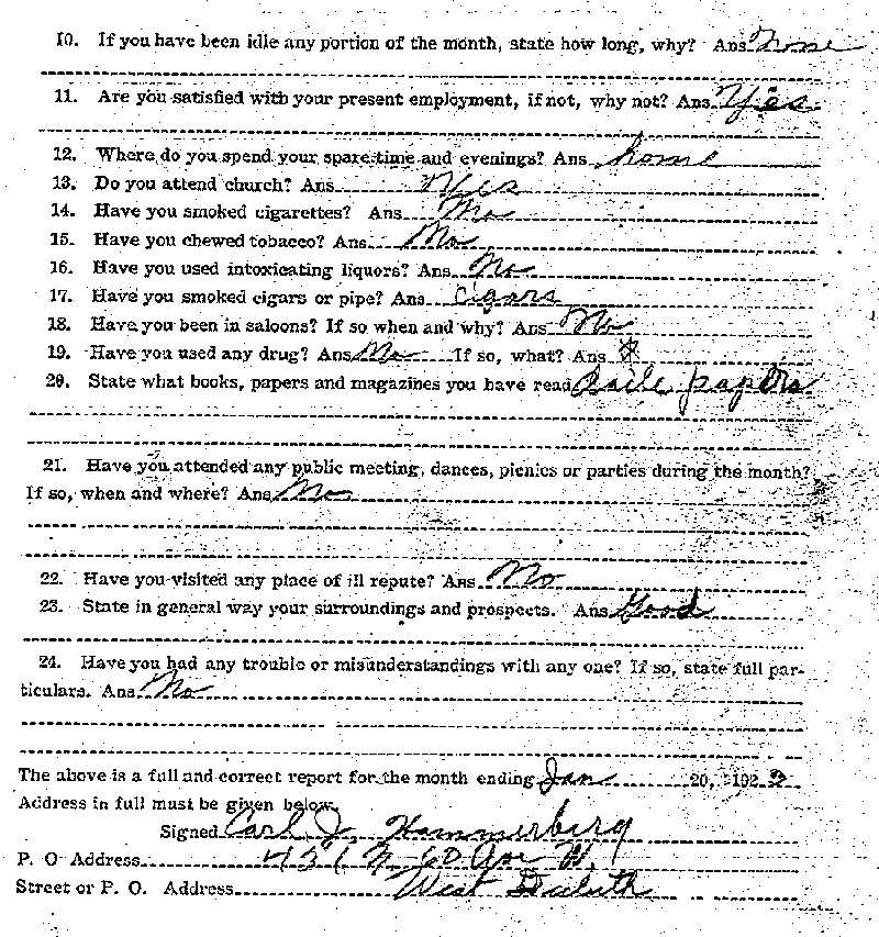Carl John Alfred Hammerberg. Case No. 5148. Monthly Parole Report. February 20, 1923. --Gov&#039;t Record(s)--Monthly Parole Report (gif)