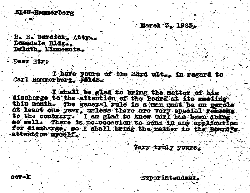 Carl John Alfred Hammerberg. Case No. 5148. Letter from Charles E. Vasaly to Ralph E. Burdick, March 3, 1923.