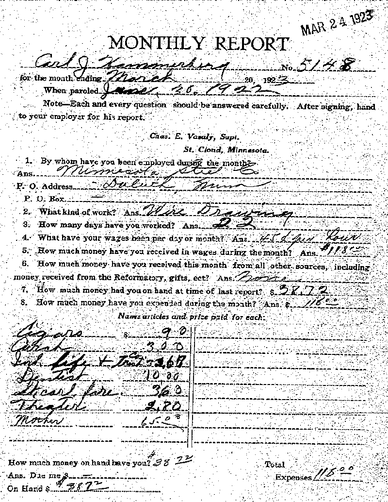 Carl John Alfred Hammerberg. Case No. 5148. Monthly Parole Report. March 20, 1923. --Gov&#039;t Record(s)--Monthly Parole Report (gif)
