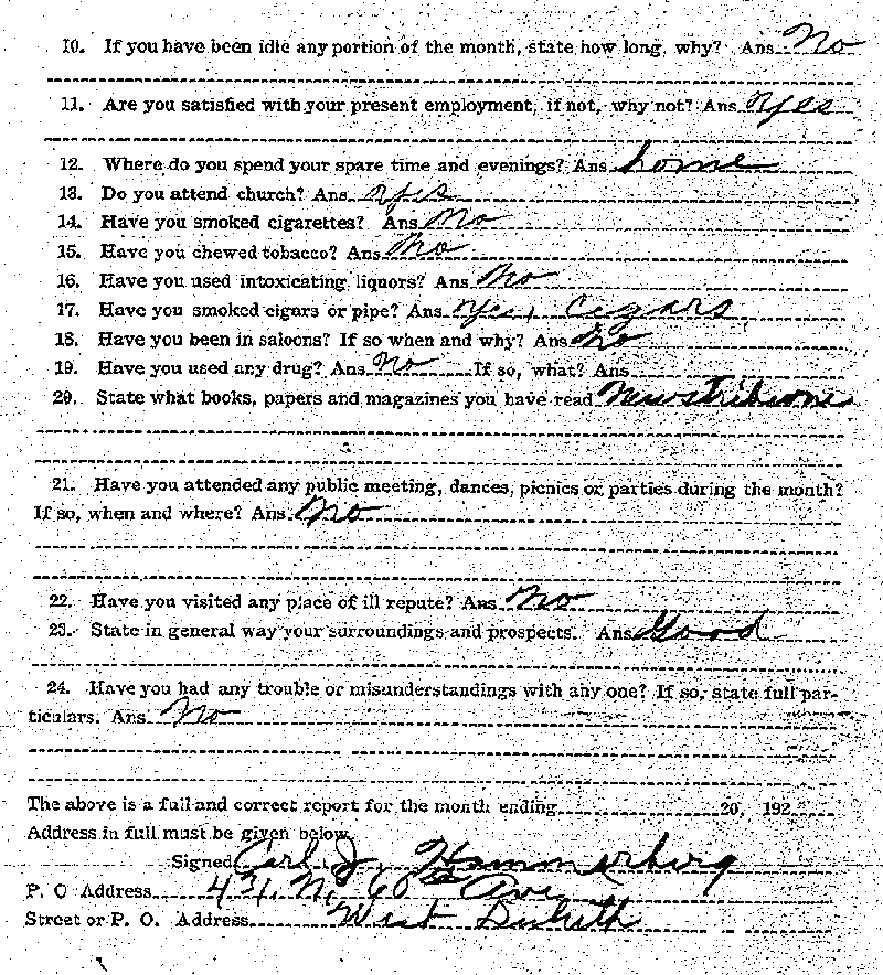 Carl John Alfred Hammerberg. Case No. 5148. Monthly Parole Report. March 20, 1923. --Gov&#039;t Record(s)--Monthly Parole Report (gif)