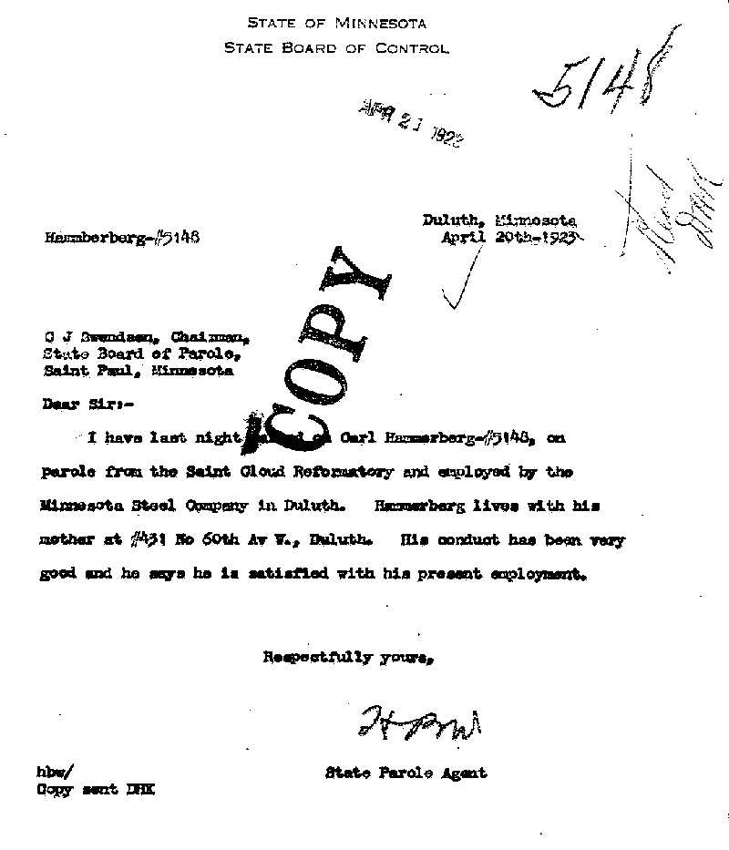 Carl John Alfred Hammerberg. Case No. 5148. Letter from H. B. Whittier to C. J. Swendsen, April 20, 1923.