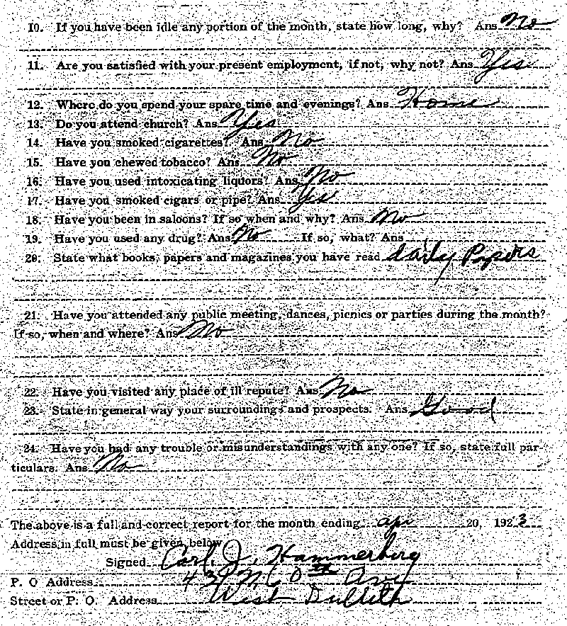 Carl John Alfred Hammerberg. Case No. 5148. Monthly Parole Report. April 20, 1923. --Gov&#039;t Record(s)--Monthly Parole Report (gif)