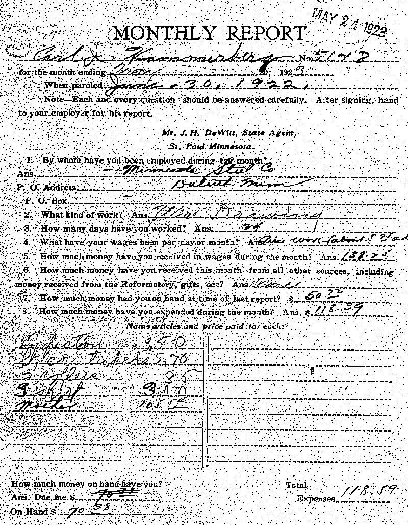Carl John Alfred Hammerberg. Case No. 5148. Monthly Parole Report. May 20, 1923. --Gov&#039;t Record(s)--Monthly Parole Report (gif)