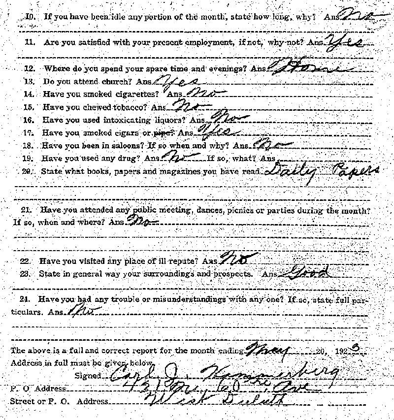 Carl John Alfred Hammerberg. Case No. 5148. Monthly Parole Report. May 20, 1923. --Gov&#039;t Record(s)--Monthly Parole Report (gif)