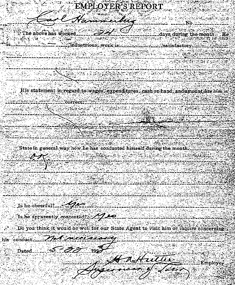 Carl John Alfred Hammerberg. Case No. 5148. Employer&#039;s Report, May 22, 1923.--Gov&#039;t Record(s)--Employer&#039;s Report (gif)