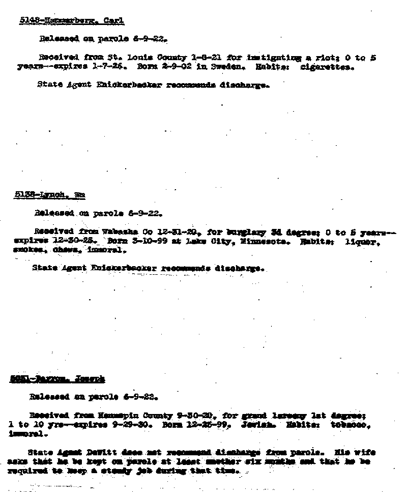 Carl John Alfred Hammerberg. Case No. 5148. List of Parolees.