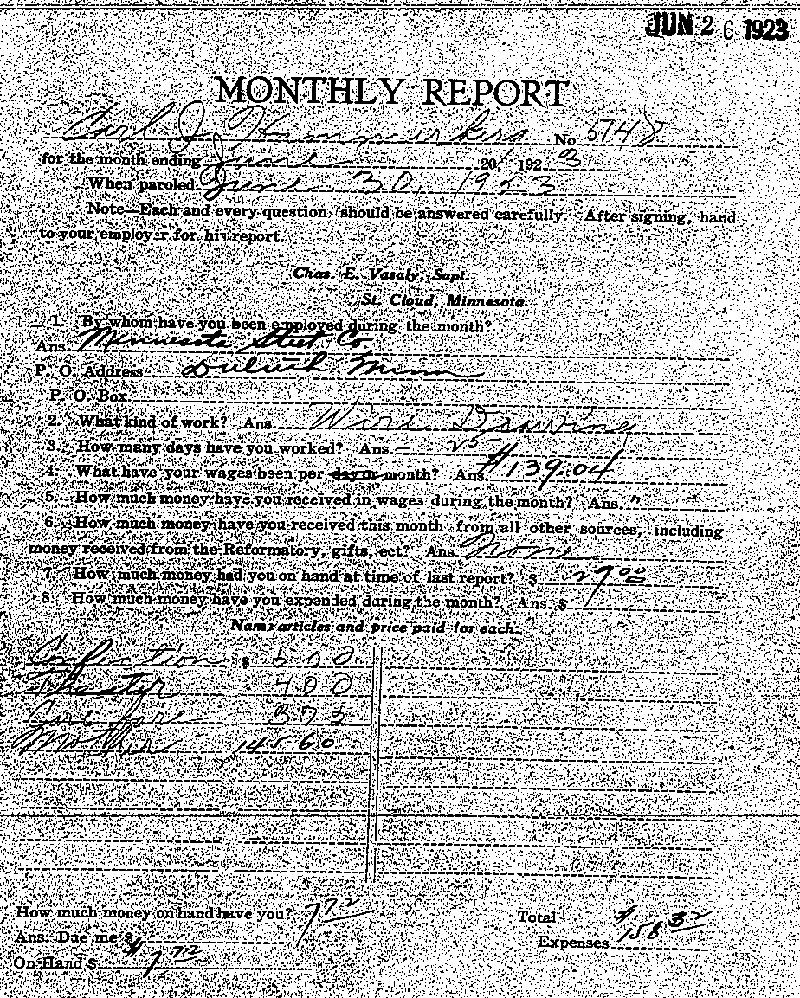 Carl John Alfred Hammerberg. Case No. 5148. Monthly Parole Report. June 20, 1923. --Gov&#039;t Record(s)--Monthly Parole Report (gif)
