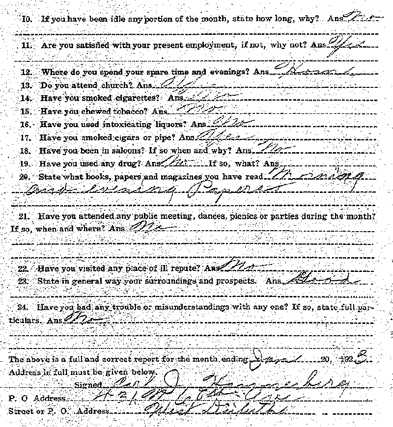 Carl John Alfred Hammerberg. Case No. 5148. Monthly Parole Report. June 20, 1923. --Gov&#039;t Record(s)--Monthly Parole Report (gif)