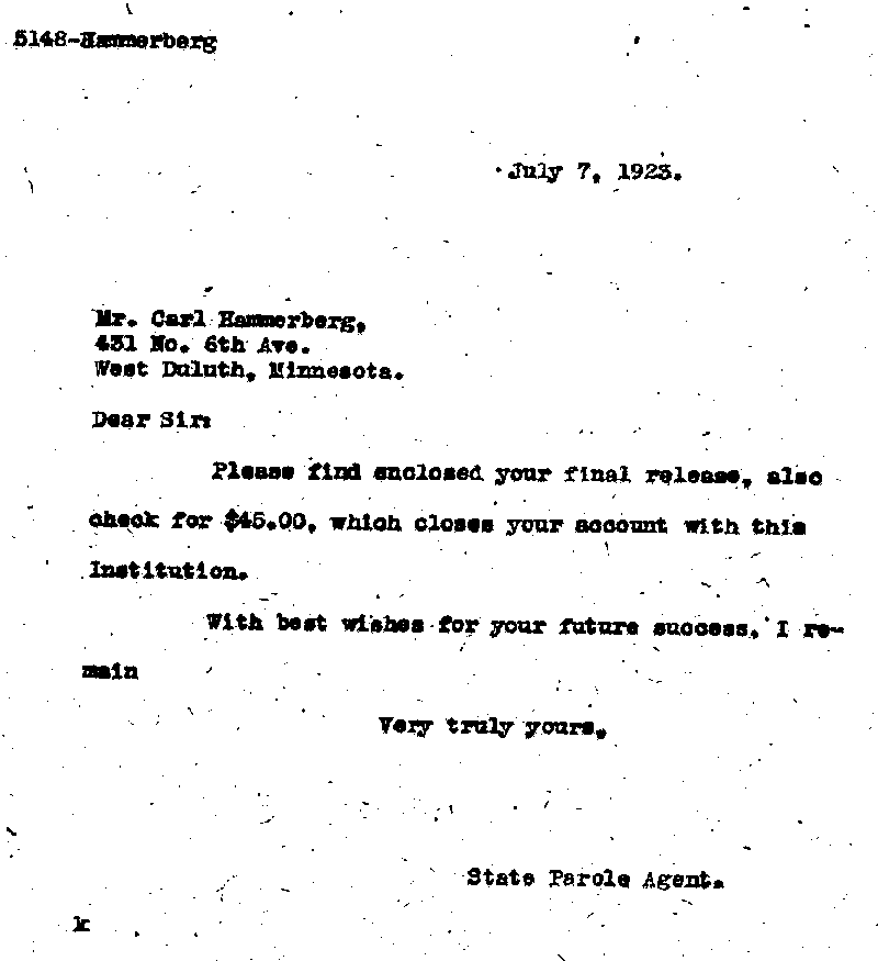 Carl John Alfred Hammerberg. Case No. 5148. Letter from D. H. Knickerbacker to Carl John Alfred Hammerberg, July 7, 1923.--Correspondence (gif)
