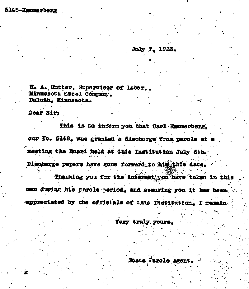 Carl John Alfred Hammerberg. Case No. 5148. Letter from D. H. Knickerbacker to Harry A. Hutter, July 7, 1923.