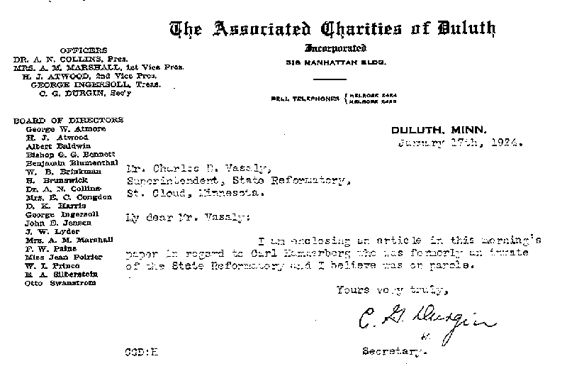 Carl John Alfred Hammerberg. Case No. 5148. Letter from C. G. Durgin to Charles E. Vasaly, January 17, 1924.
