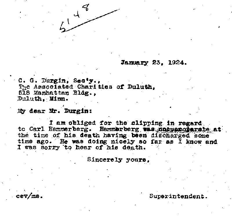 Carl John Alfred Hammerberg. Case No. 5148. Letter from Charles E. Vasaly to C. G. Durgin, January 23, 1924.