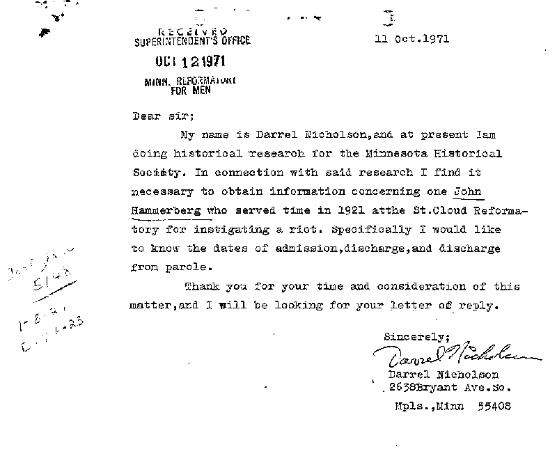 Carl John Alfred Hammerberg. Case No. 5148. Letter from W. F. McRae to Minnesota Historical Society, October 18, 1971.--Correspondence (gif)