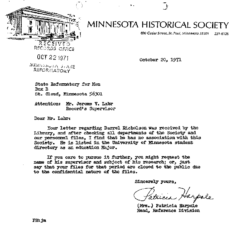 Carl John Alfred Hammerberg. Case No. 5148. Letter from Patricia Harpole to Jerome V. Lahr, October 20, 1971.