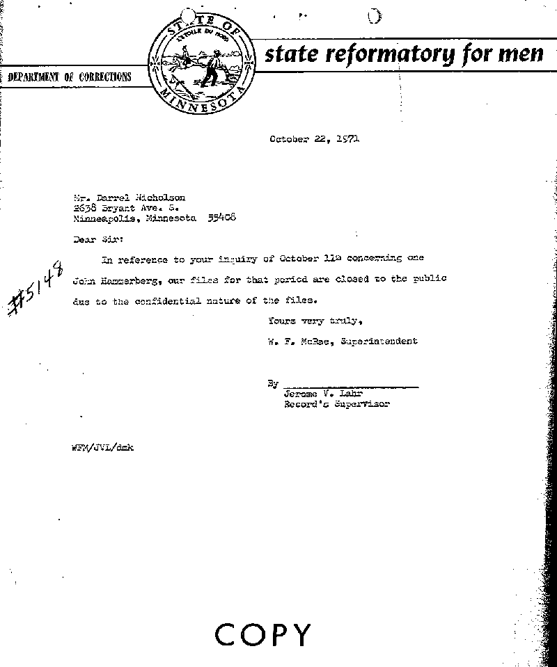 Carl John Alfred Hammerberg. Case No. 5148. Letter from W. F. McRae to Darrel Nicholson, October 22, 1971.
