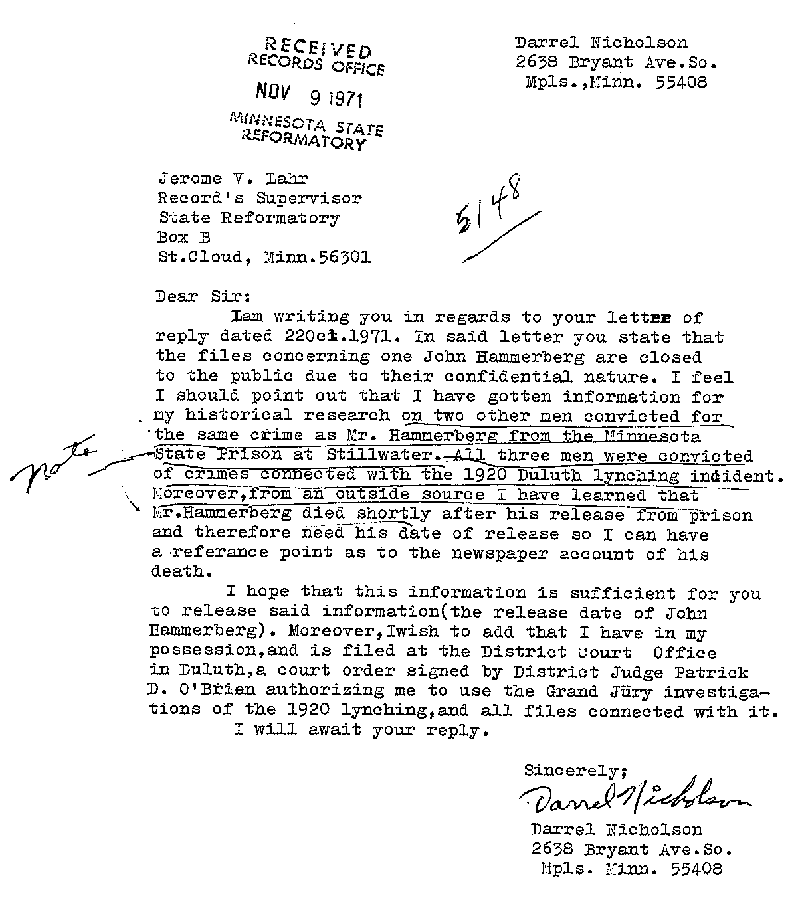  Carl John Alfred Hammerberg. Case No. 5148. Letter from Darrel Nicholson to Jerome V. Lahr, November 9, 1971.--Correspondence (gif)