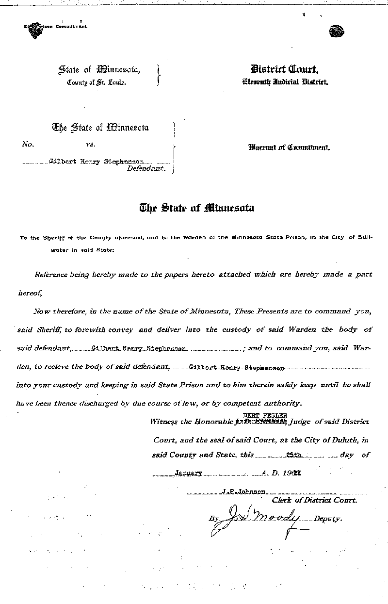 Gilbert Henry Stephenson. Case No. 6598. Warrant of Commitment. January 1921.--Gov&#039;t Record(s)--Warrant of Commitment (gif)