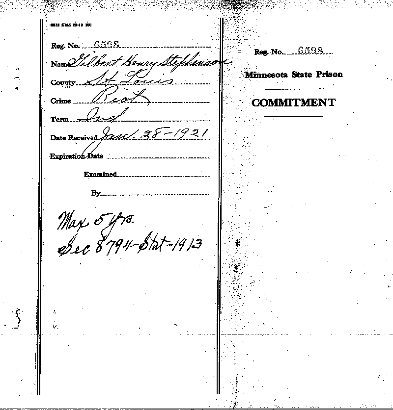 Gilbert Henry Stephenson. Case No. 6598. Warrant of Commitment. January 1921.--Gov&#039;t Record(s)--Warrant of Commitment (gif)