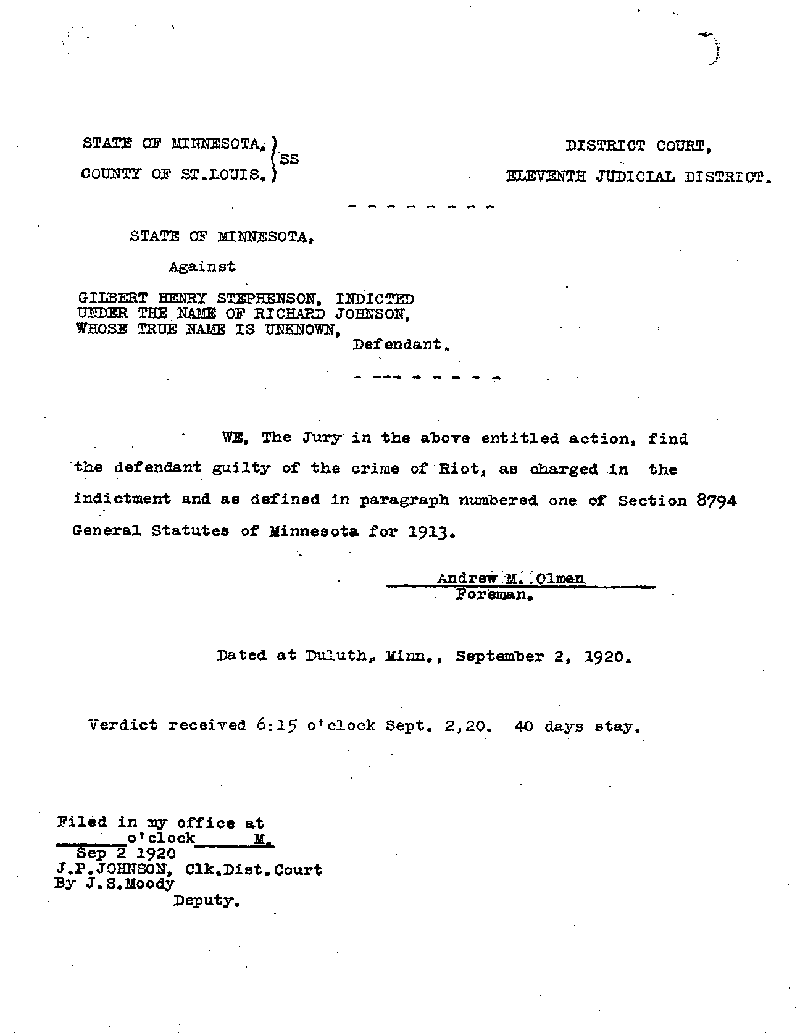 Gilbert Henry Stephenson. Case No. 6598. Jury Verdict. January 1921.