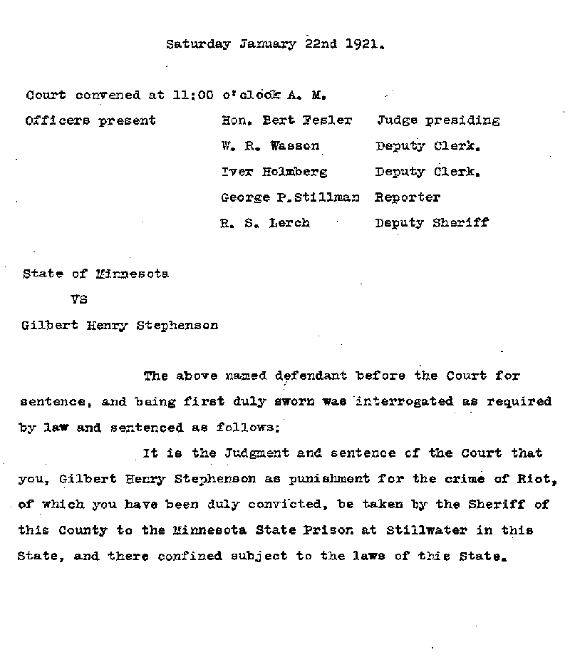 Gilbert Henry Stephenson. Case No. 6598. Sentence Record. January 1921.