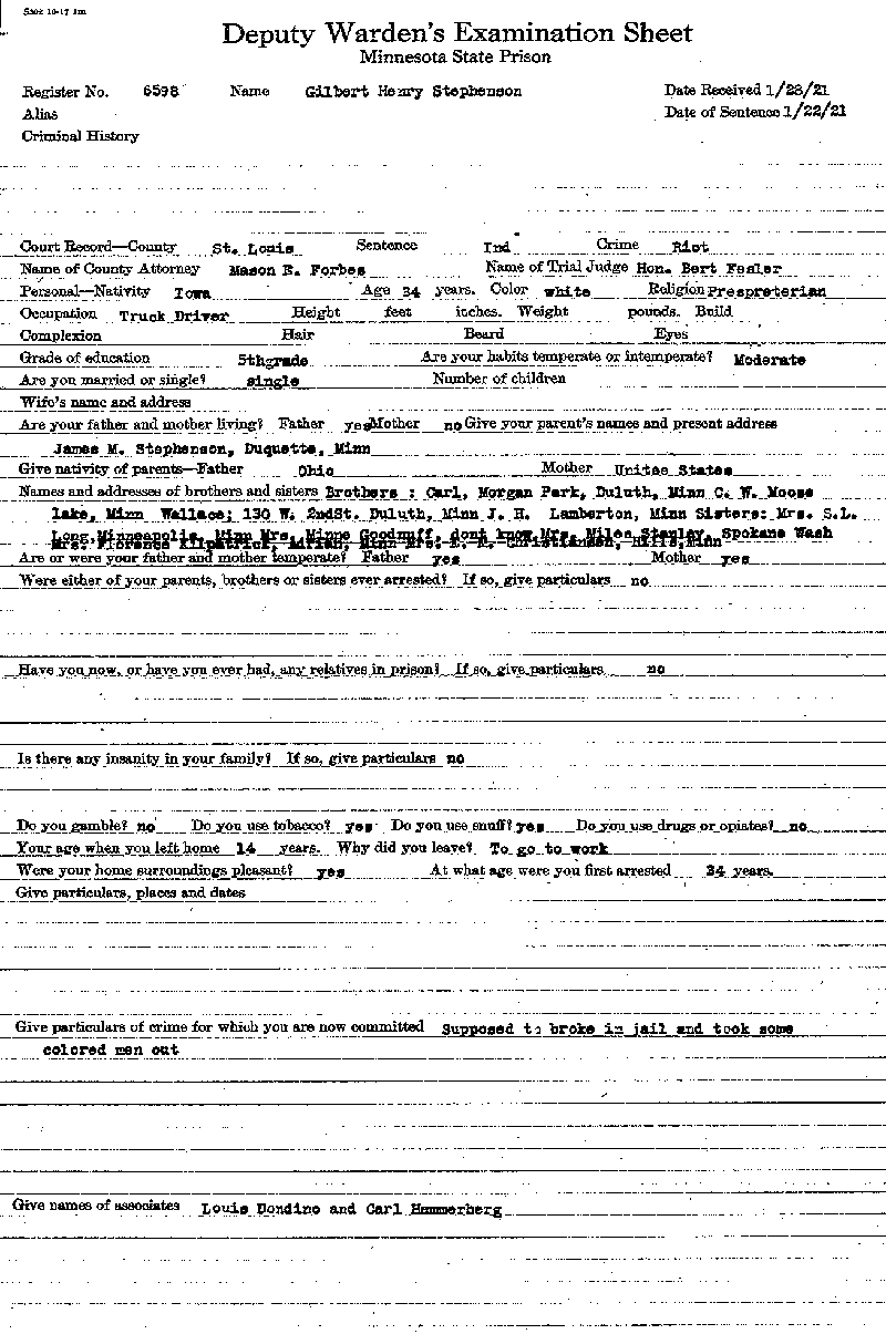 Gilbert Henry Stephenson. Case No. 6598. Deputy Warden&#039;s Examination Sheet.--Gov&#039;t Record(s)--Deputy Warden&#039;s Examination Sheet (gif)