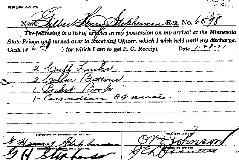 Gilbert Henry Stephenson. Case No. 6598. List of Items Turned Over to Receiving Officer.