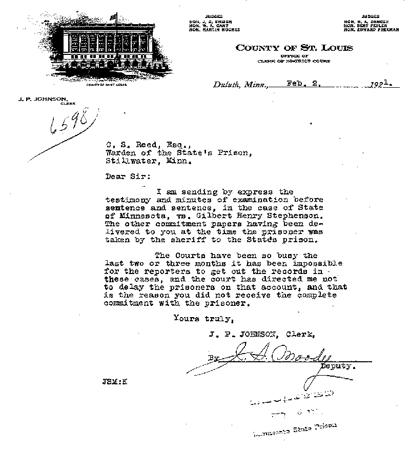 Gilbert Henry Stephenson. Case No. 6598. Letter from J. P. Johnson to C. S. Reed, February 2, 1921.