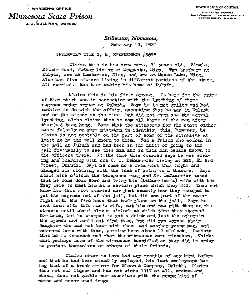 Gilbert Henry Stephenson. Case No. 6598. Interview with Gilbert Henry Stephenson, February 15, 1921.