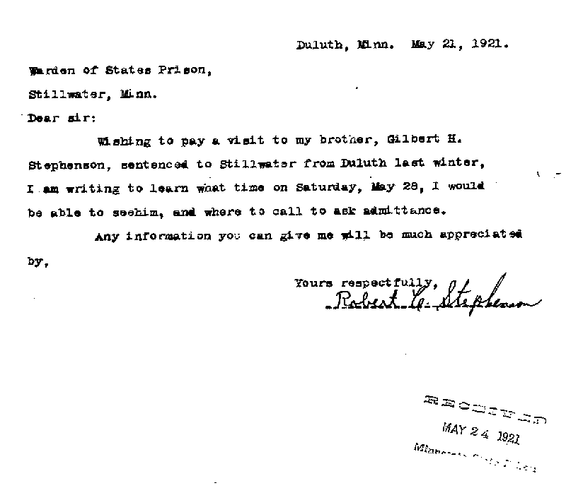 Gilbert Henry Stephenson. Case No. 6598. Letter from Robert C. Stephenson to J. J. Sullivan, May 21, 1921.