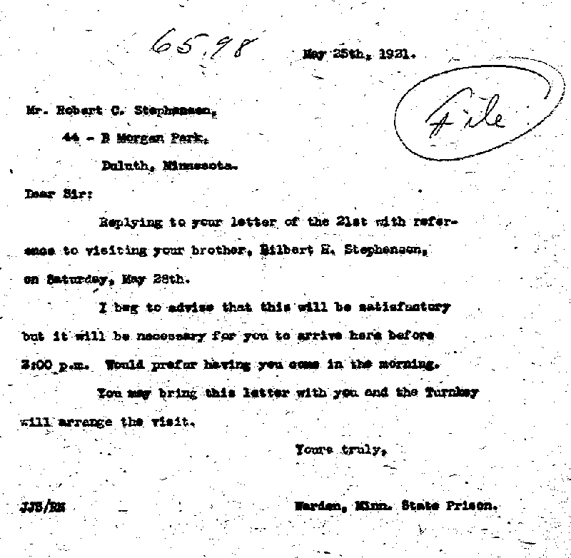 Gilbert Henry Stephenson. Case No. 6598. Letter from J. J. Sullivan to Robert C. Stephenson, May 25, 1921.