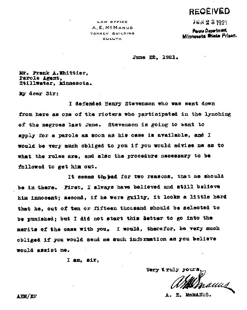 Gilbert Henry Stephenson. Case No. 6598. Letter from A. E. McManus to Frank A. Whittier, June 22, 1921.