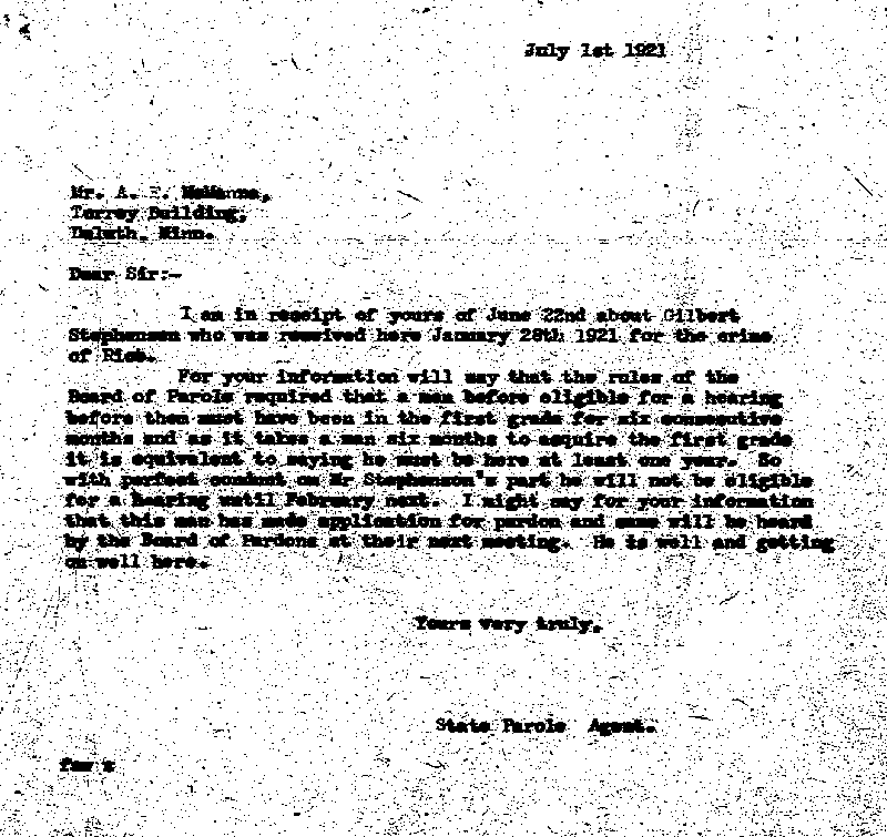 Gilbert Henry Stephenson. Case No. 6598. Letter from Frank A. Whittier to A. E. McManus, July 1, 1921.
