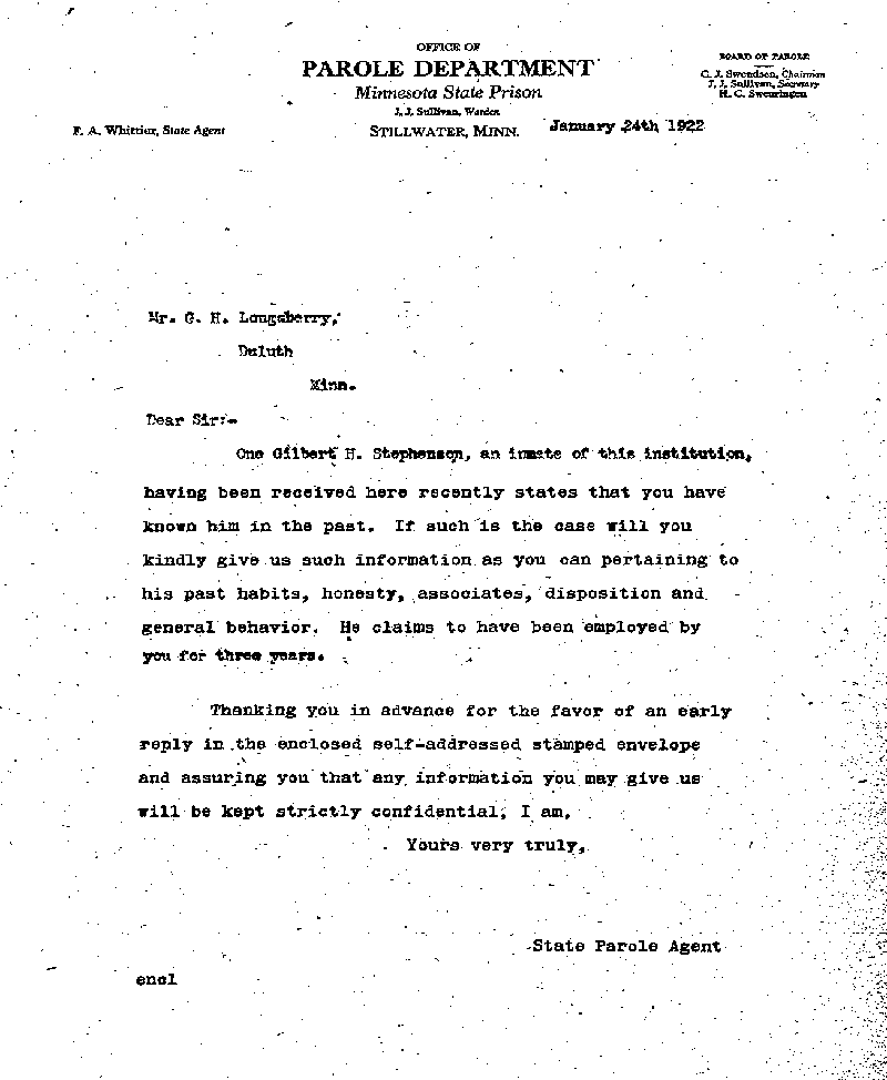 Gilbert Henry Stephenson. Case No. 6598. Letter from Frank A. Whittier to George H. Lounsberry, January 24, 1922.