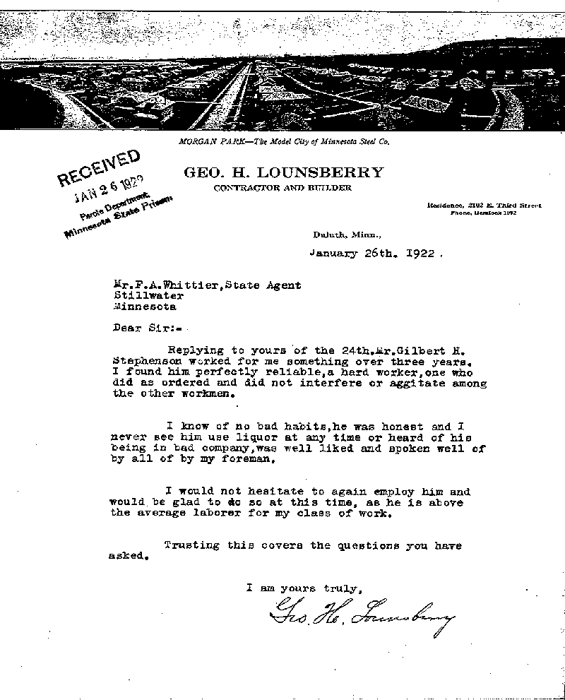 Gilbert Henry Stephenson. Case No. 6598. Letter from George H. Lounsberry to Frank A. Whittier, January 26, 1922.