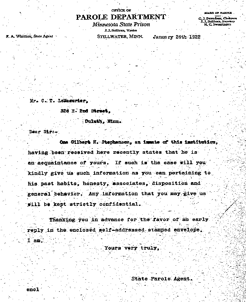 Gilbert Henry Stephenson. Case No. 6598. Letter from Frank A. Whittier to C. T. LeMasurier, January 24, 1922.