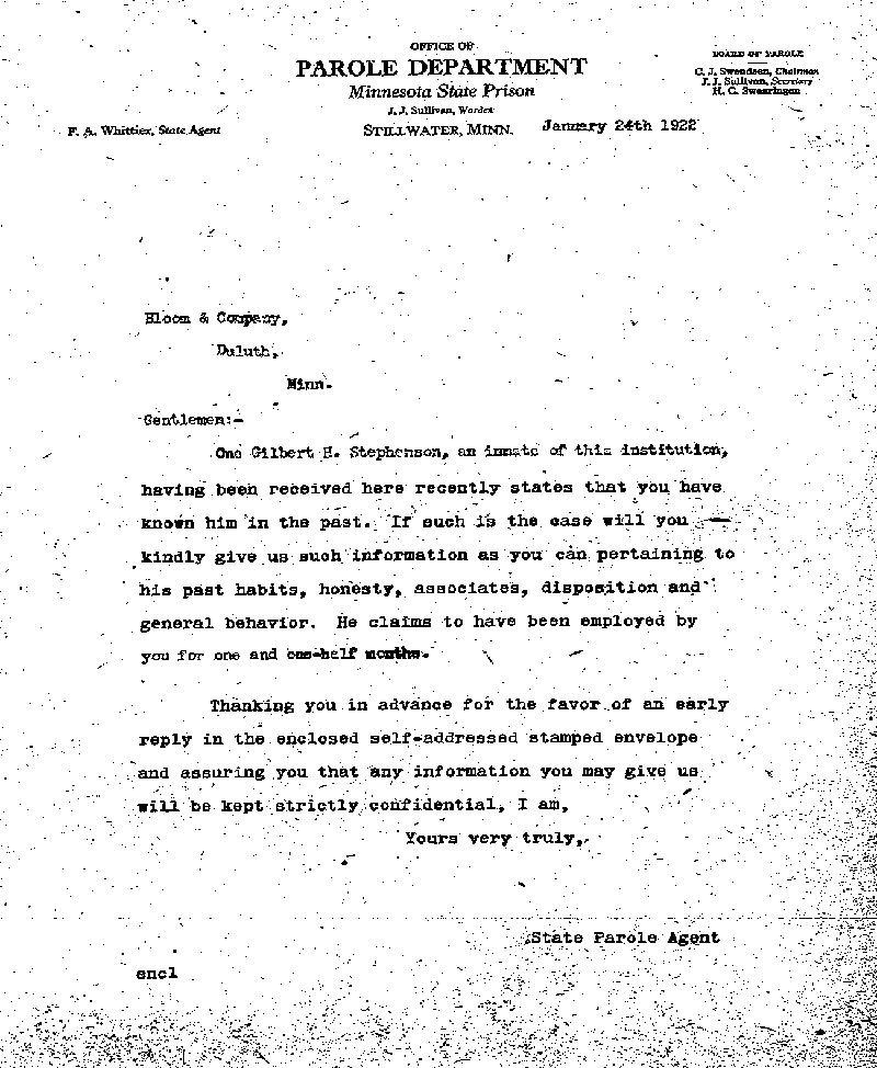 Gilbert Henry Stephenson. Case No. 6598. Letter from Frank A. Whittier to Bloom & Company, January 24, 1922.